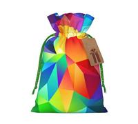 Rainbow Geometric Printed Christmas Drawstring Bags with Green Christmas Ribbon - Reusable Burlap Drawstring Gift Pouches, M