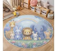 Rainbow Giraffe Lion Rabbit Round Rugs for Living Room, Cartoon Forest Animals Round Area Rug 160cm Machine Washable Rugs Light Blue Soft Non Slip Non Shedding Home Decor Rug for Boys' Teen Bedroom