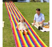 Rainbow Grass Slide Mat for Kids, 1100x140cm Teamwork Building Running Mat Foldable Portable Outdoor Playmat for Backyard Nursery Crawling Sliding Tug of War