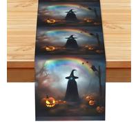 Rainbow Halloween Ghost Witch Hat Spiders Print Linen Texture Table Runner Fade-Resistant Dining Table Decor For Buffet Console Kitchen 33x183cm