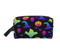 Rainbow Halloween Ghost Witch Hat Spiders Print Portable Travel Toiletry Storage Bag Large Capacity 600D Polyester Cosmetic Storage Bag