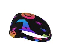 Rainbow Halloween Ghost Witch Hat Spiders Print Ultra-Soft Elastic Headband Unisex Sports Hair Band for Yoga Running Gym Cycling