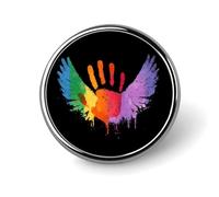 Rainbow Handprint with Angel Wings Novelty Brooches & Pins Round Personalised Metal Lapel Badge With Butterfly Clutch Clasp