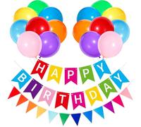 Rainbow Happy Birthday Banner and Bunting, Multicoloured Happy Birthday Decorations, 16pcs 12 inch Rainbow Balloons Colourful Helium Balloon with White Ribbon for Kids Birthday Party Decorations
