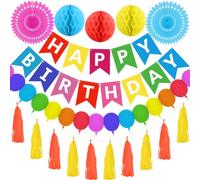 Rainbow Happy Birthday Banner Girls Boys Decorations Colourful Birthday Banners Honeycomb Balls Balloon Garland Paper Fan Paper Tassel Garland by RichMoho