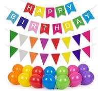 Rainbow Happy Birthday Decorations Set Vibrant Party Supplies | Includes Multicoloured Happy Birthday Banner, 16 Triangle Bunting Pennants & 14 Bright Colourful Latex Balloons (12")