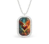 Rainbow Heart with Feathered Wings Rectangle Pendant Necklace Silver Women Jewelry Alloy Keychain Tag Jewelry