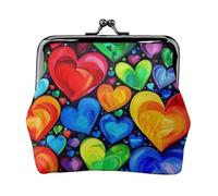 Rainbow Hearts Print Coin Purse for Women Cute PU Leather Kiss-lock Change Purse Wallet, Black, One Size, Pattern