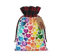 Rainbow Hearts Printed Christmas Drawstring Linen Gift Bags â€“ Reusable Burlap Fabric Bags With Tags For Christmas Gifts, Party Favors, Wedding Decor & Holiday Packaging 2 Sizes