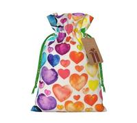 (Rainbow Hearts) Printed Christmas S Size Gift Bags with Green Ribbon Drawstring Candy Bags for Kids Xmas Holiday Christmas Eve Presents