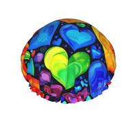 Rainbow Hearts Printed Double-Layer Waterproof Shower Cap - Reusable Spa & Face Mask Bathing Hat for Travel, Home Care & Beauty Routine