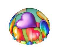 Rainbow Hearts Reusable Shower Cap,Double Layer Water Shower Non Wetting Hair Cap,Large Size For All Hair Lengths
