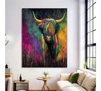 Rainbow Highland Cattle Posters Decorative Painting Canvas Wall Art Abstract Ink Decorative Posters, Emerald Green Living Room Decor Wall Pictures 16X24In (40X50Cm)