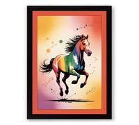 Rainbow Horse in Motion Modern Framed Wall Art Print A4 (29.7×21cm) Black, Wall Decor for Living Room, Bedroom, Office & Home, Ready to Hang, Art Gift