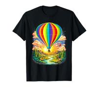Rainbow Hot Air Balloon Sunset Mountain River Scenic T-Shirt