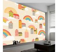 Rainbow Houses Architecture Stripes Non-Woven Wall Mural 300W x 210H cm, Cartoon Photo Wallpaper - Modern Walls Art Poster for Kids Room Bedroom Living Room, High-Definition Wall Mural Picture