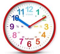 Rainbow Kids Wall Clock Silent 10" Analogue Learning Clock Fully Labelled Colour Coded Telling Time Teaching Clock Bedroom