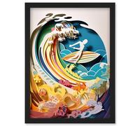 Rainbow Kirigami Surfer Surfing Coastal Landscape Artwork Framed Wall Art Print A4 Artery8 Black One Size