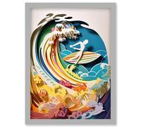 Rainbow Kirigami Surfer Surfing Coastal Landscape Artwork Framed Wall Art Print A4 Artery8 Light Grey One Size