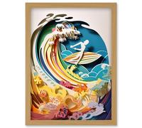 Rainbow Kirigami Surfer Surfing Coastal Landscape Artwork Framed Wall Art Print A4 Artery8 Light Oak One Size