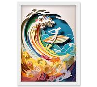 Rainbow Kirigami Surfer Surfing Coastal Landscape Artwork Framed Wall Art Print A4 Artery8 White One Size