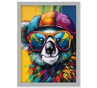 Rainbow Koala Bear with Sunglasses and Hat Modern Artwork Framed Wall Art Print A4 Artery8 Light Grey One Size