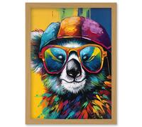 Rainbow Koala Bear with Sunglasses and Hat Modern Artwork Framed Wall Art Print A4 Artery8 Light Oak One Size