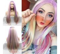 Rainbow Lace Front Wigs Long Multi-Colorful Straight Synthetic Lace Front Wigs Free Parting Wig with Gift Pack Colorful Mermaid Heat Resistant Fibre Hair for Women 24 inches