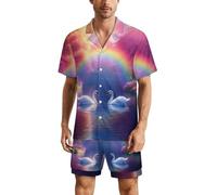 Rainbow Lake Swans Men's Pajama Sets Summer Short Sleeve Top And Bottom Ice Silk Breathable Loungewear