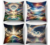 Rainbow Landscape Angel Cushion Covers 55x55cm Set of 4 Decorative Throw Pillow Covers 22x22inch Soft Velvet Square Cushion Cases for Home Living Room Sofa Couch Bed Pillowcases