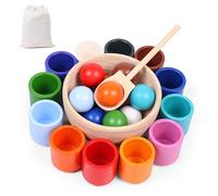 Rainbow Large Balls in Cups Montessori Toy for Toddlers 2 3 4 Years, Wooden Sorting Stacking Preschool Games for Learning Colour Sorting, Counting, Matching and Sensory Ball Feeding - 12 Color Balls