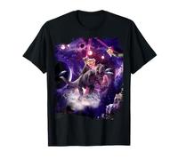 Rainbow Laser Space Cat On Dinosaur Eating Pizza T-Shirt