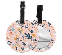 Rainbow Leaves Round Luggage Tag 2PCS Flower Cloud PU Leather Travel Bag Tag ID Labels Name Card Holder wtih Buckle for Luggage Suitcase Backpacks