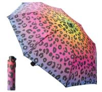 Rainbow Leopard Print Compact Umbrella, Neon Ombre Design, Foldable Handbag Size, Animal Pattern Travel Accessory