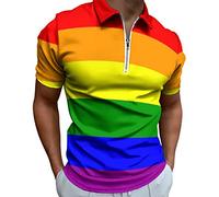 Rainbow LGBT Pride Flag Men's Zippered Polo Shirts Slim Fit Short Sleeve Golf T-Shirt Casual Tee