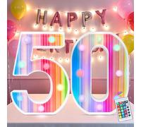 Rainbow Light Up Numbers, Colorful LED Number Lights 50 for 50th Birthday Decorations, 16 Color Changing Birthday Number Gifts for Women Party Anniversary Remote Night Light Wall Table Decor