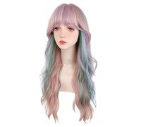Rainbow Long Curly Wig with Bangs for Women Colorful Wigs Long Wavy Rainbow Multi Colorful Synthetic Hair Wig for Women Daily Party