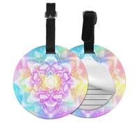 Rainbow Mandala Round Luggage Tag 4PCS Flower Ethnic PU Leather Travel Bag Tag ID Labels Name Card Holder wtih Buckle for Luggage Suitcase Backpacks