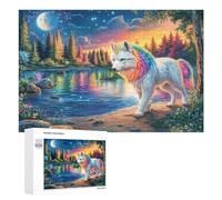 Rainbow-maned Wolf by Moonlit Lake in Forest 1000 Piece Jigsaw Puzzle for Family Indoor Cooperative Puzzle Mental Exercise Gift for Celebration 1000 PCS