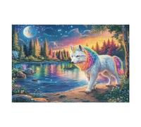 Rainbow-maned Wolf by Moonlit Lake in Forest 1000 Piece Premium Jigsaw Puzzle Adult Jigsaws Brain Training Hobby Home Decor Winter Gift Unique Shaped Recycled Cardboard 1000 PCS