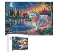 Rainbow-maned Wolf by Moonlit Lake in Forest 300 Piece Jigsaw Puzzle for Family Indoor Leisure Puzzle Cooperation Gift for Festive Season 300 PCS