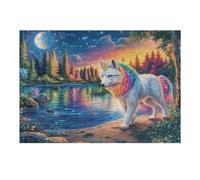 Rainbow-maned Wolf by Moonlit Lake in Forest 300 Piece Premium Jigsaw Puzzle For Men Educational Decompression Adults Anxiety Memory Care Mothers Valentines Creativity Gift Giving 300 PCS
