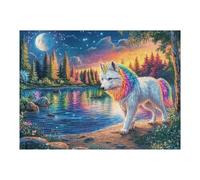 Rainbow-maned Wolf by Moonlit Lake in Forest 500 Pieces Set Classic Jigsaw Puzzle Teen Fans 14-18 Yrs Brain Training Logic Skill Leisure Adventure Valentines Recycled Cardboard 500 PCS
