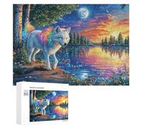Rainbow-maned Wolf in Colorful Starry Lake 300 Piece Jigsaw Puzzle for Couples Home Date Night Brain Challenge Gift for Valentine’s Day 300 PCS