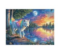 Rainbow-maned Wolf in Colorful Starry Lake 500 Pc DIY Jigsaw Puzzle Puzzles for Adults Teens Hard Challenging Team Building Stress Reducing Autumn Sturdy Wooden Cardboard 500 PCS