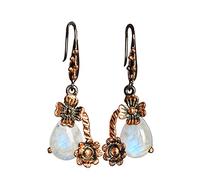 Rainbow Moonstone Earrings 9x13mm - Black Rhodium Rose Gold Plated Sterling Silver - Elegant Dangle Drop Design - Natural Flashy Gemstone Jewelry for Women
