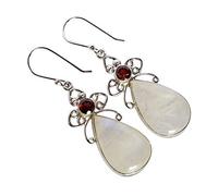Rainbow Moonstone Garnet Earrings 20x10mm Pear & 5mm Round Cabochon 925 Sterling Silver Dangle Earrings Handmade Boho Gemstone Jewelry Spiritual Gift for Women