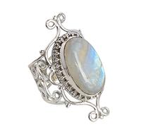 Rainbow Moonstone Ring - Oval 20x12mm Cabochon, 925 Sterling Silver Bezel Set Purple Gemstone, Handmade Boho Ring for Women 53 (16.9)