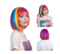 Rainbow Multi-Color Synthetic Wig For Daily Wear, Parties, Cosplay - Bob Hairstyle With Side Bangs(CH752)