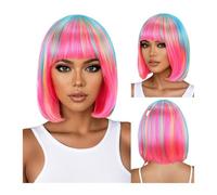 Rainbow Multi-Color Synthetic Wig For Daily Wear, Parties, Cosplay - Bob Hairstyle With Side Bangs(YX-300)